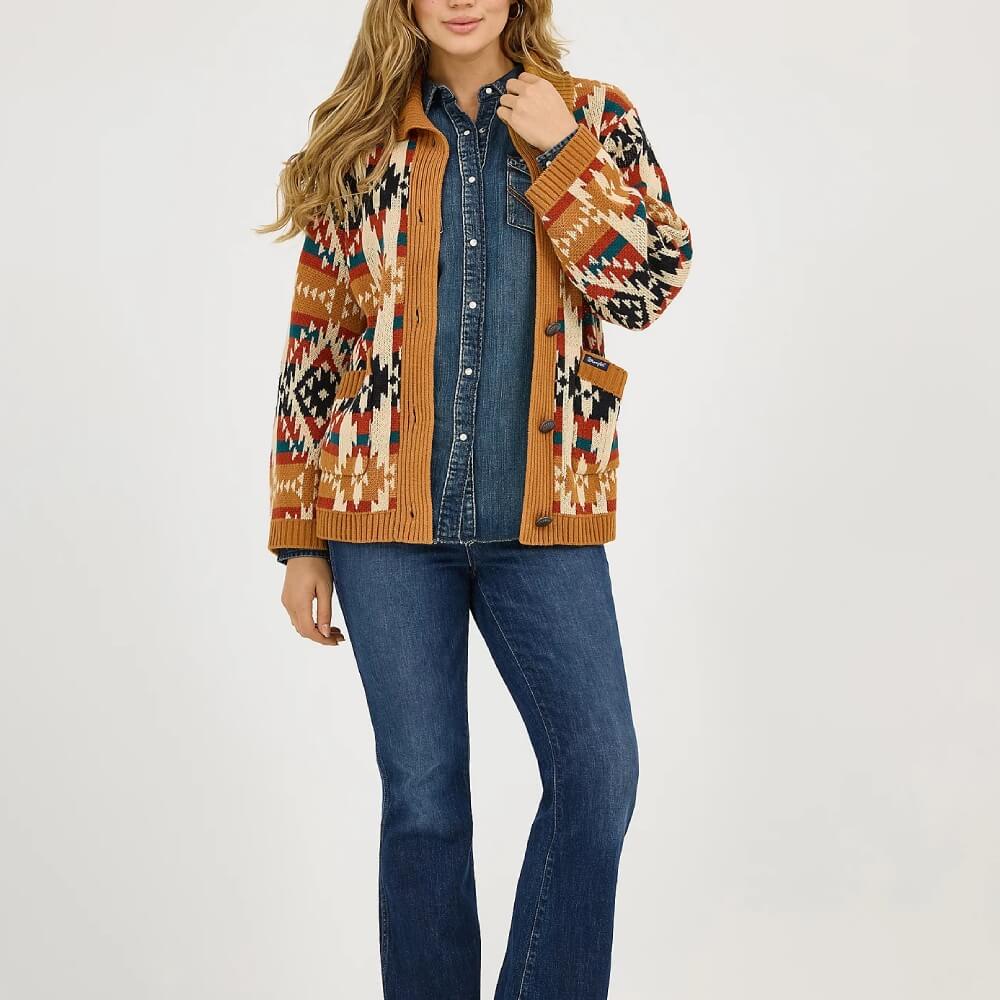 Wrangler Womens Western Pattern Cardigan Mustard (orange) - 112371635