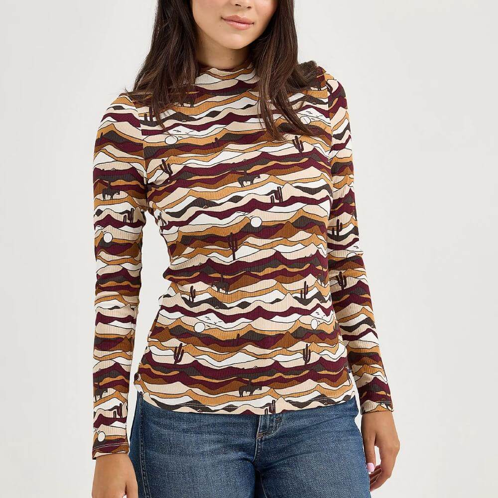 Wrangler Womens Western Print Mock Neck Blouse Desert - 112367393