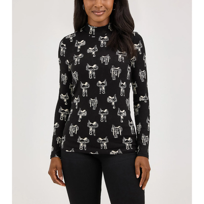Wrangler Womens Western Print Mock Neck Shirt Blouse Black