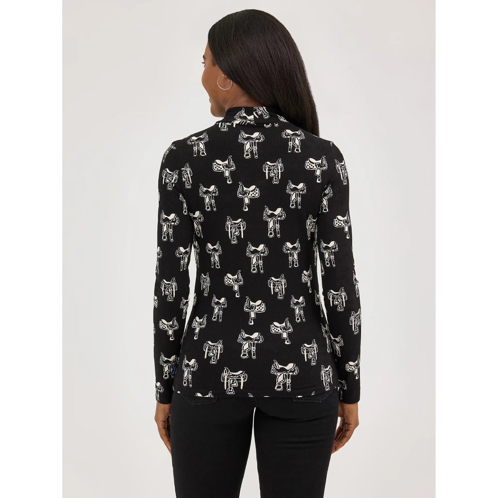 Wrangler Womens Western Print Mock Neck Shirt Blouse Black