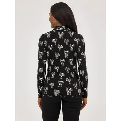 Wrangler Womens Western Print Mock Neck Shirt Blouse Black