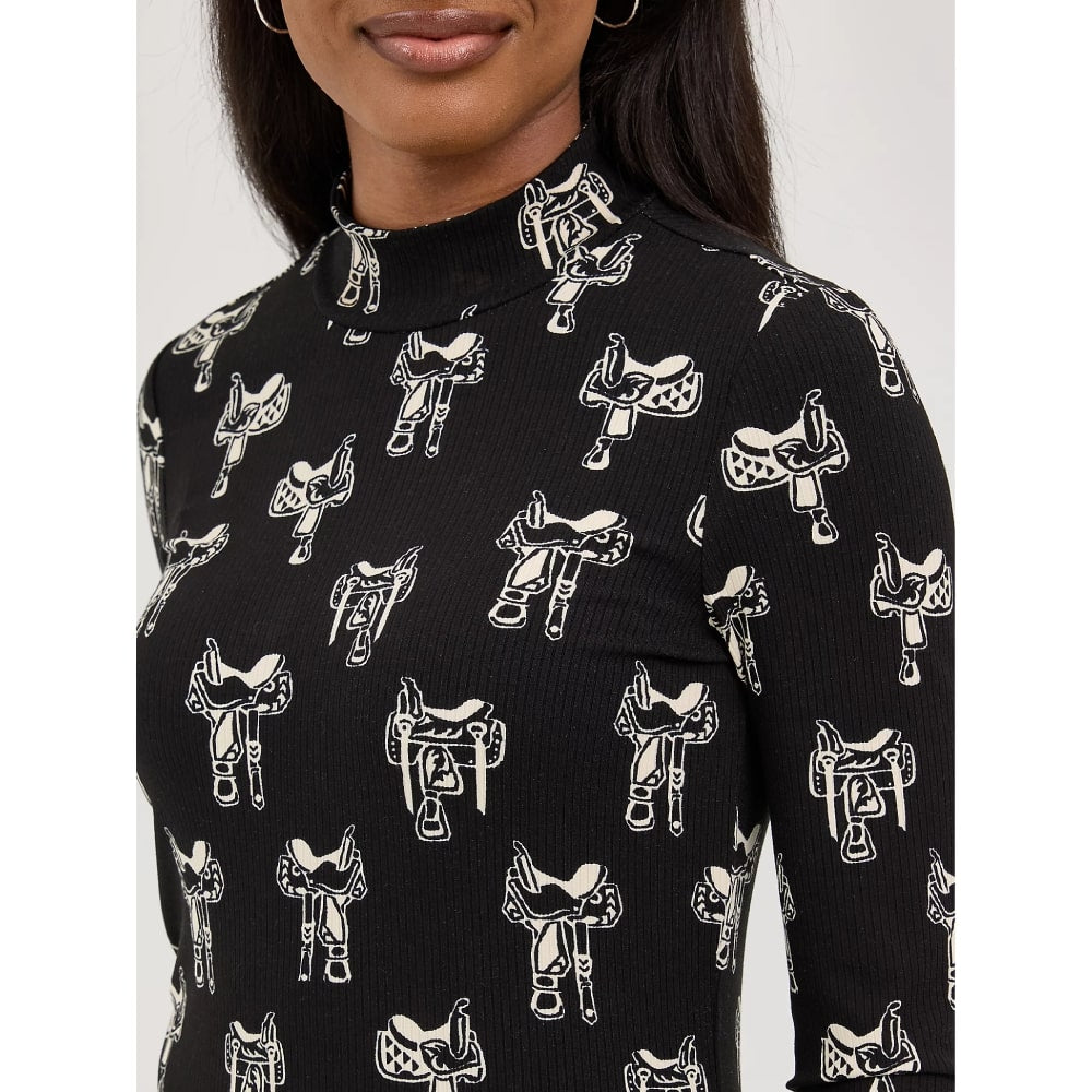 Wrangler Womens Western Print Mock Neck Shirt Blouse Black