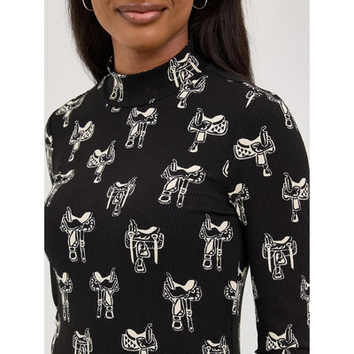 Wrangler Womens Western Print Mock Neck Shirt Blouse Black
