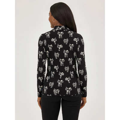 Wrangler Womens Western Print Mock Neck Shirt Blouse Black - 112371630