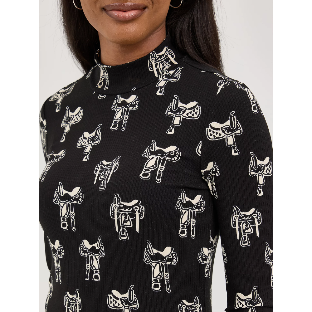 Wrangler Womens Western Print Mock Neck Shirt Blouse Black - 112371630