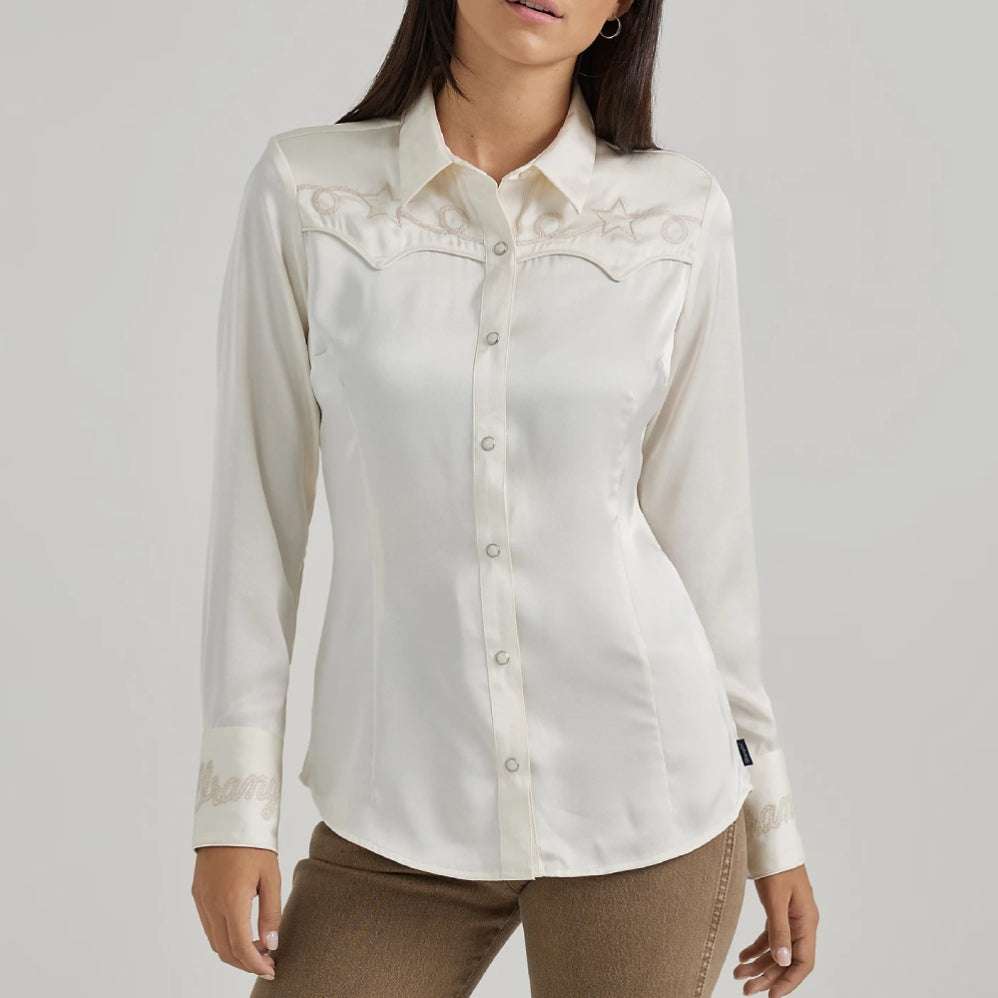 Wrangler Womens White Satin Western Shirt