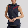 Wrangler X Lainey Wilson Womens Embroidered Sleeveless Denim Shirt Dark Rinse - 112380468