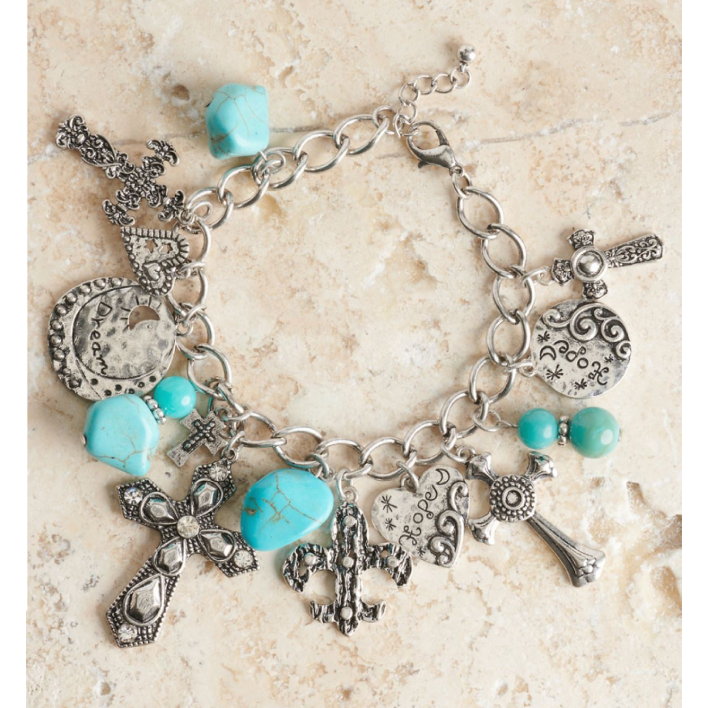 Blazin Roxx Womens Silver Cross & Turquoise Bead Charm Bracelet