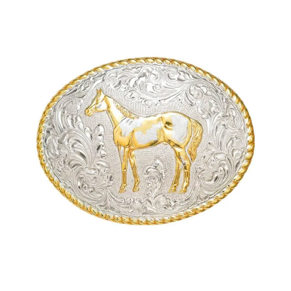 Gold Horseshoe & Abalone Plated hot Silver Belt Buckle Prancing Horse measures 3.5 in x 3 in