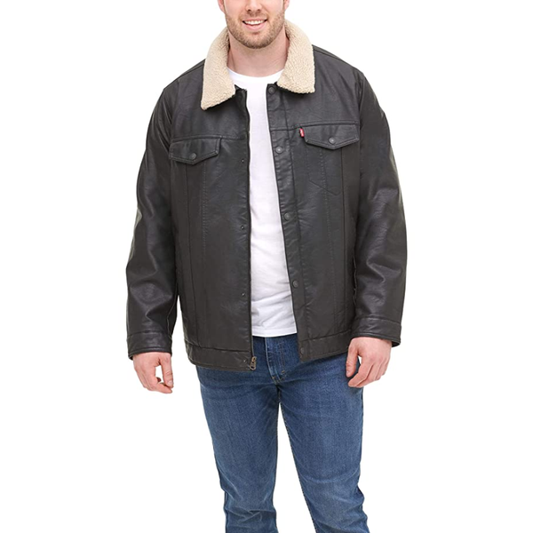 Levi s Mens Faux Leather Sherpa Collar Trucker Jacket