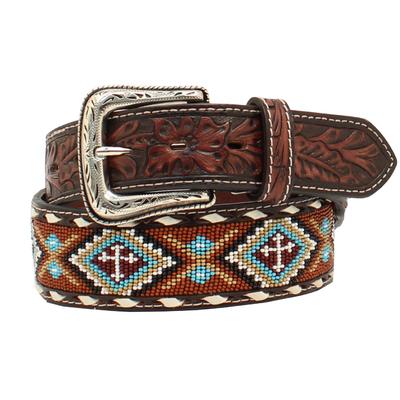 Nocona Mens Floral Bead Tooled Belt 