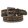 Mens Floral Tooled Buckstitch Distressed Belt