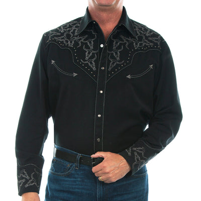 Scully Mens Black Embroidered Bull Skull Shirt